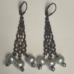 Open Metal Work Flower and Imitation Pearl Bead Earrings